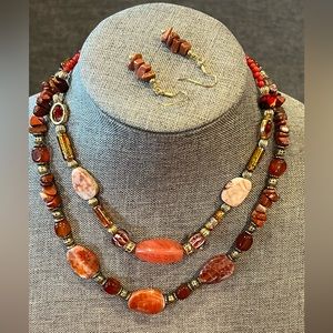 A set of 2 Beaded Gem Stone Necklace and Earrings 18” and 16” 1.5”
